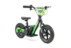 Bici elettrica per bambini RIRIBIKE RTX3 24V (12"), verde, Batteria al litio, Motore 100W, Freno a disco, Sedile regolabile in morbido PU